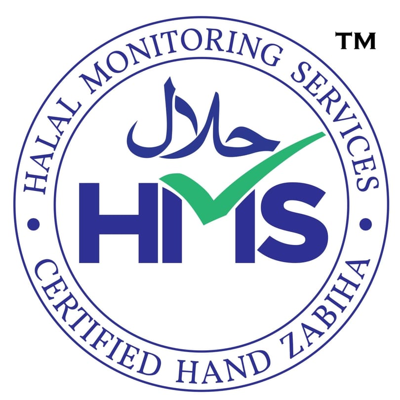 Halal Monitoring Services (HMS) Certified Hand Zabiha logo, a blue circle with green checkmark.